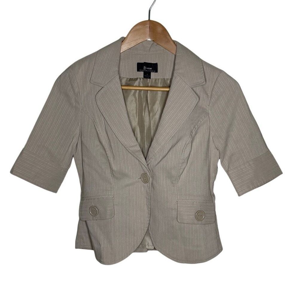 B.Wear Beige Tan Striped 3/4 Sleeve Blazer Jacket Size S One Button Career